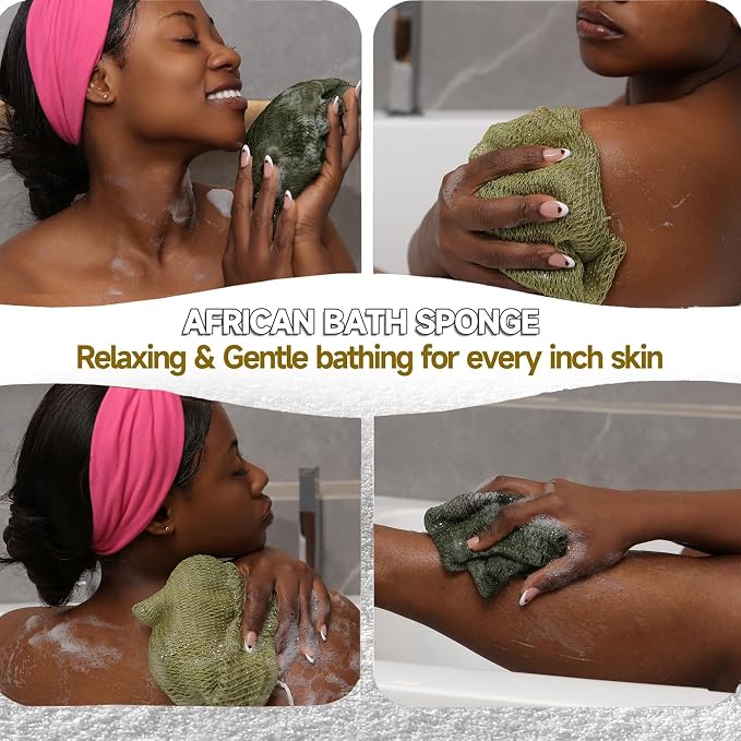 Authentic African Net Sponge, 2 Pack 45-Inch Exfoliating Bath Sponge and Shower Loofah for Body and Back, Quick-Dry Durable Knotted Mesh Scrubber (Olive Green & Light Green)