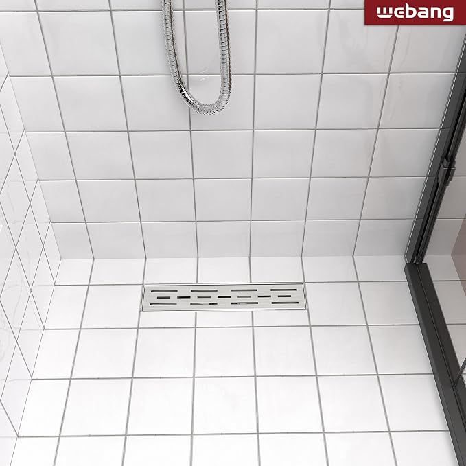 WEBANG 12 Inch Linear Shower Drain Rectangular Floor Drain with Accessories Rainline Pattern Cover Grate Removable SUS304 Stainless Steel CUPC Certified Brushed