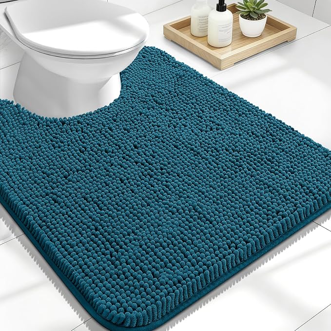 OLANLY Toilet Rugs U-Shaped 24x20, Soft Absorbent Chenille Contour Rugs | Peacock Blue, Quick-Drying Rubber Backing, Machine Washable Non-Slip Shaggy Bathroom Mat for Toilet, Home Decor Accessories