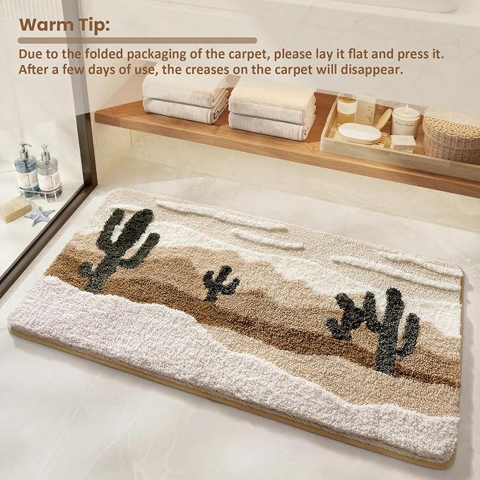 Bathroom Rug Mat, Yellow Desert Cactus Bath Mat with Soft & Non-Slip, Ultra Absorbent Microfiber Shaggy Door Mat, Quick Dry Bath Rug Carpet for Toilet Bathtub Bedroom 20x31 Inch (Yellow)