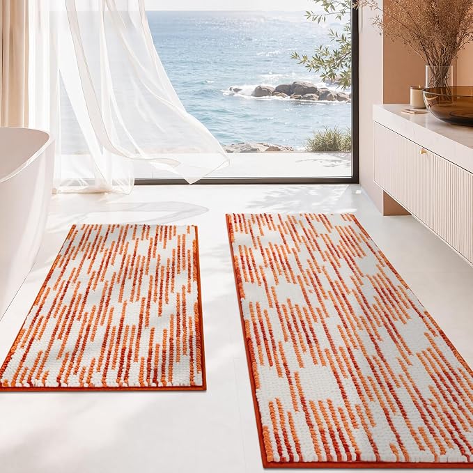 Bathroom Rugs Sets 2 Piece, Fall Bath Mat 20"x47"+20"x32", Orange | Loop Pile Chenille, Non Slip TPR Rubber Backing, Abstract Stripe, Soft Thick Absorbent Washable, Runner Rug for Bathroom