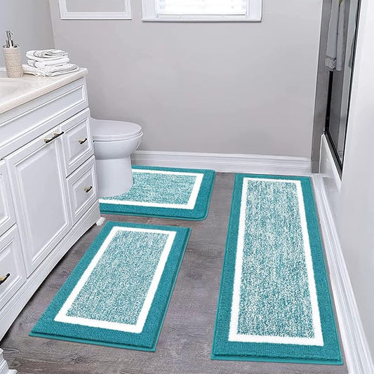 Pauwer Bathroom Rugs 3 Piece Set, Non Slip Washable Bath Mat, Aqua Blue | Soft Plush Microfiber, Super Absorbent Floor Carpet, U Shaped Toilet Mats, Quick Dry, Shaggy Shower Rugs Runners