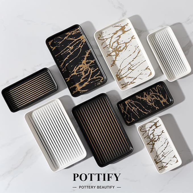 Bathroom Vanity Tray for Countertop,2PC Rectangle Striped Tray,Decorative Bathroom Organizer for Scrubber, Lotion Bottles, Perfume, Jewelry, Candle, Key Trinket Ring(Small,Black)
