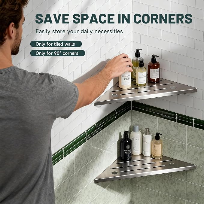 10" Corner Shower Shelf, 304 Stainless Steel Slot Design Bathroom Shower Shelf, Recessed Corner Shelves for Tiled Wall, 2 Pack, Brushed Nickel