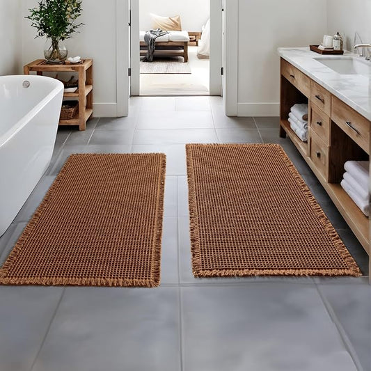 MIULEE Set of 2 Waffle Bathroom Runner Rugs Caramel 2'x4'(24"x48") | Non Slip, Super Absorbent, Washable, Ultra Soft, Boho Bath Mats for Bathroom Hallway Bedroom Laundry Room Kitchen