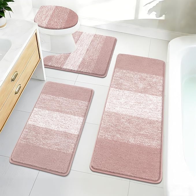 Bsmathom Bathroom Rug Set 4 Piece, Plush Microfiber Bath Mat, Pink | Extra Water Absorbent, Non Slip Washable Runner Bath Rugs with Toilet Lid Cover and U-shaped Contour Toilet Mat