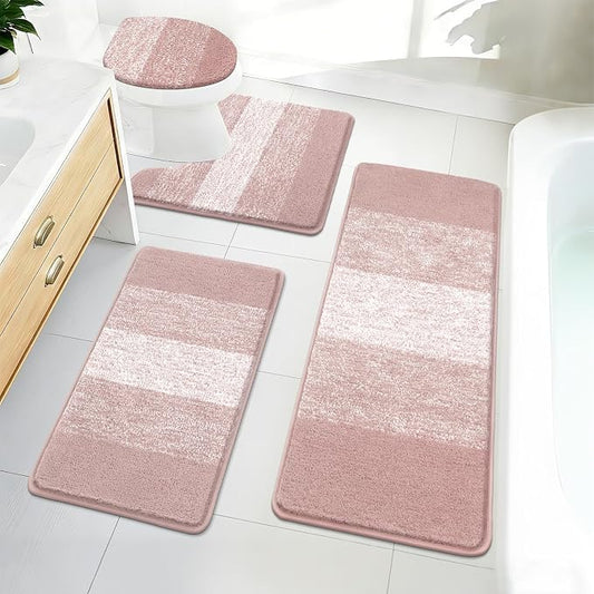 Bsmathom Bathroom Rug Set 4 Piece, Plush Microfiber Bath Mat, Pink | Extra Water Absorbent, Non Slip Washable Runner Bath Rugs with Toilet Lid Cover and U-shaped Contour Toilet Mat