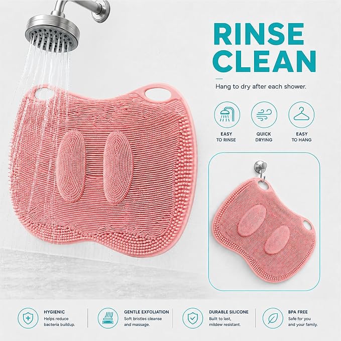 XL Silicone Shower Foot Scrubber Mat with Suction Cups, Foot Washer for Shower, Foot and Back Scrubber for Smooth Shower Wall or Floor, Pink, 17.3 x 12.9 in