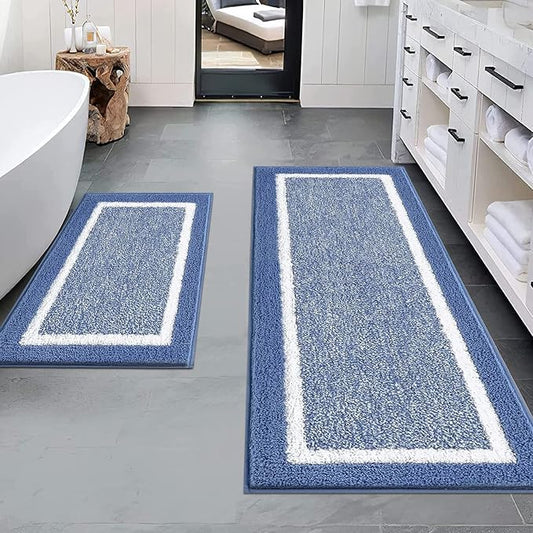 Pauwer Bathroom Rugs Sets 2 Piece, Non Slip Washable Bath Mat, Blue | Soft Plush Microfiber, Super Absorbent Floor Carpet, Quick Dry, Shaggy Shower Rug Runner