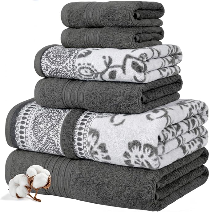 Modern Threads 6 Piece Bath Towel Set – Bathroom Set with 2 Bath Towels, 2 Hand Towels, and 2 Wash Cloths – 100% Cotton, Super Absorbent & Extra Soft – Reversible Floral Trail (Gray)