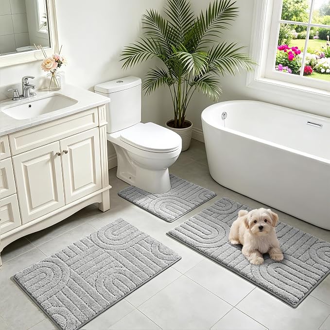 Homcomoda Bathroom Rugs Sets 3 Piece, Soft Absorbent Microfiber Bath Mats and U-Shaped Contour Toilet Rug, Non Slip Bath Rugs Machine Washable Shaggy Bath Room Floor Mats, Grey