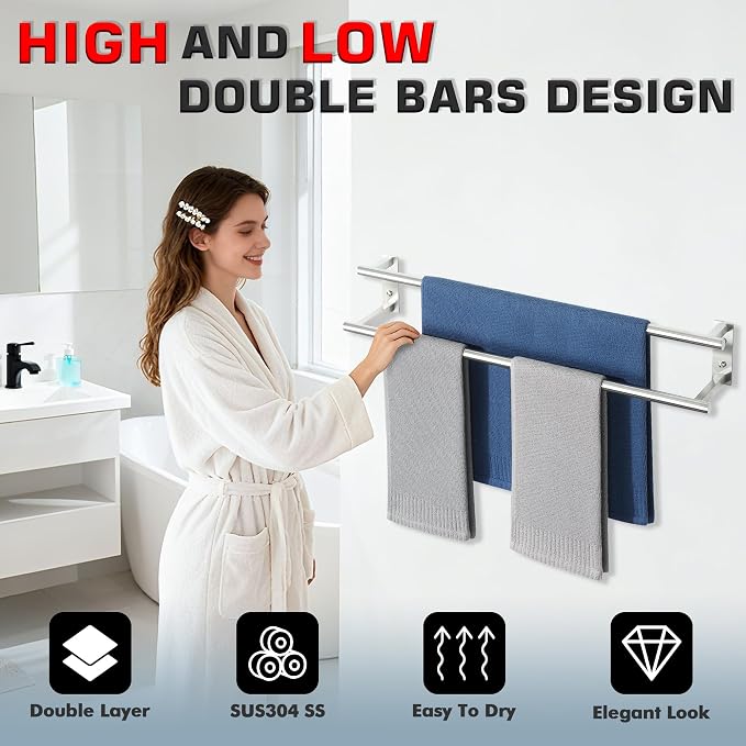 Alise Bathroom Double Towel Bars 28'',Wall Mount Towel Holder Towel Racks for Bathroom Labatory,SUS304 Stainless Steel Towel Hanger Towel Rails,Brushed Nickel