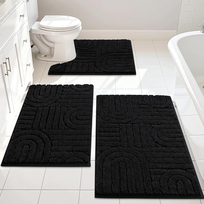Vaukki Black Bathroom Rugs Sets 3 Piece, 32x20+26x18+24x20 Inch | Washable Non Slip Soft Bath Mats for Shower and Tub, Plush Absorbent Microfiber Toilet Rug U Shaped