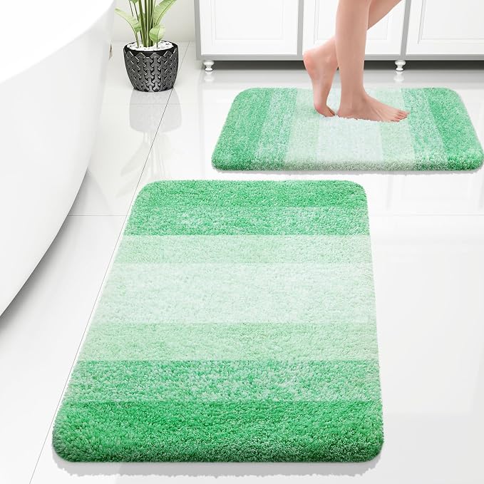 OLANLY Micorfiber Bathroom Rug Set 2 Piece, 30"x20"+24"x16" | Green, Soft Absorbent Bath Rug Set, Non-Slip, Machine Wash Dry, Plush Shaggy Bath Mats for Bathroom