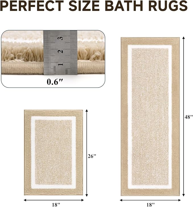Pauwer Bathroom Rugs Sets 2 Piece, Non Slip Washable Bath Mat, Beige | Soft Plush Microfiber, Super Absorbent Floor Carpet, Quick Dry, Shaggy Shower Rug Runner