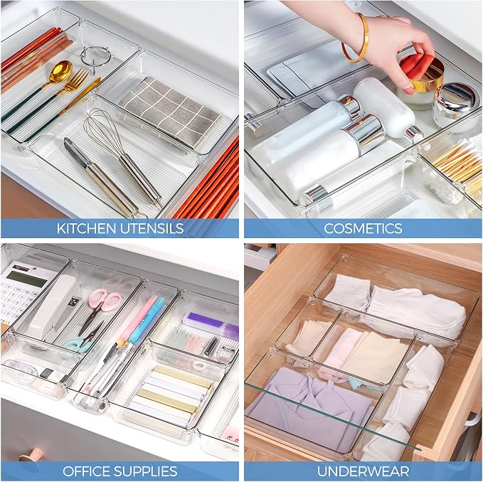 Ravinte 6 Pack Drawer Organizer - 3" X 3" Plastic Storage Bins, Acrylic Organizers with Non-Slip Pads Clear Desk Storage Tray for Makeup, Jewelries, Kitchen Utensils, Bathroom and Office