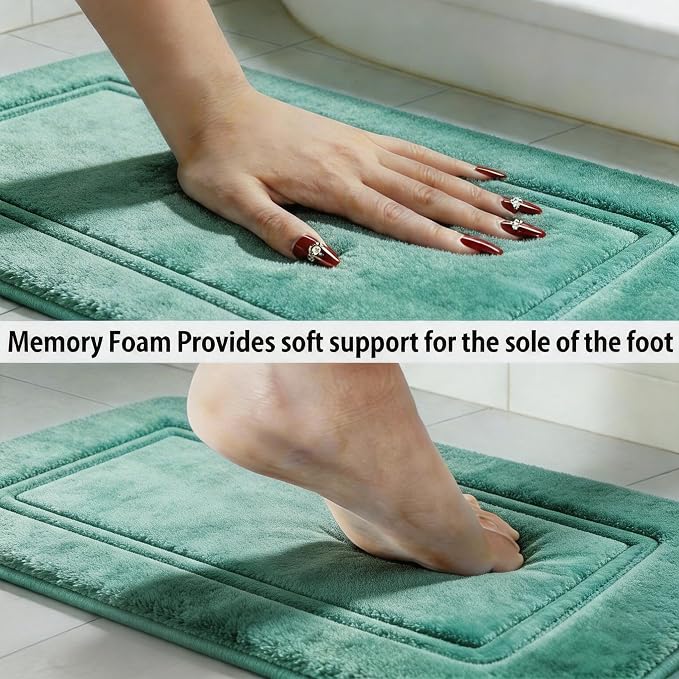 Bathroom Rugs Set 3 Piece Memory Foam, Bordered Toilet Rug, Non-Slip Teal | Coastal & Boho Decor — Rich Teal bath mats, absorbent and washable, with a U-shaped toilet mat.