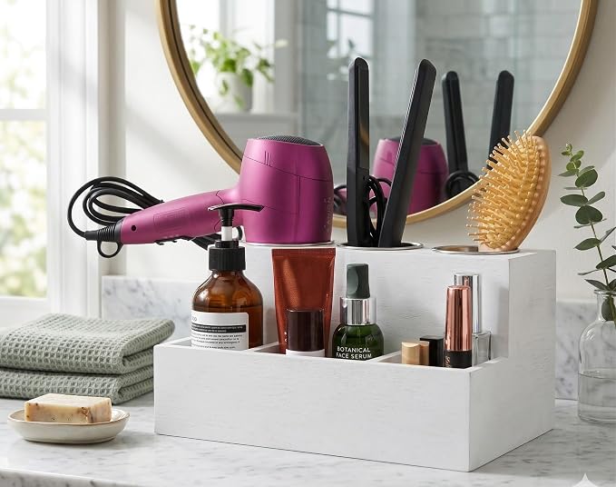 Hair Tools Organizer - Wood White - Blow Dryer, Straightener, Curling Wand, Brushes Holder - Vanity & Bathroom Storage - Wall Mount or Sit on Counter