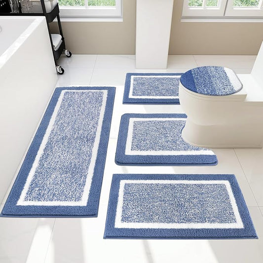 Pauwer Bathroom Rugs Set 5 Piece, Non Slip Microfiber Bath Mat, Blue | Washable Bathroom Mat with U Shaped Toilet Rug, Long Shower Runner, Toilet Lid Cover, Quick Dry Absorbent Plush Floor Carpet