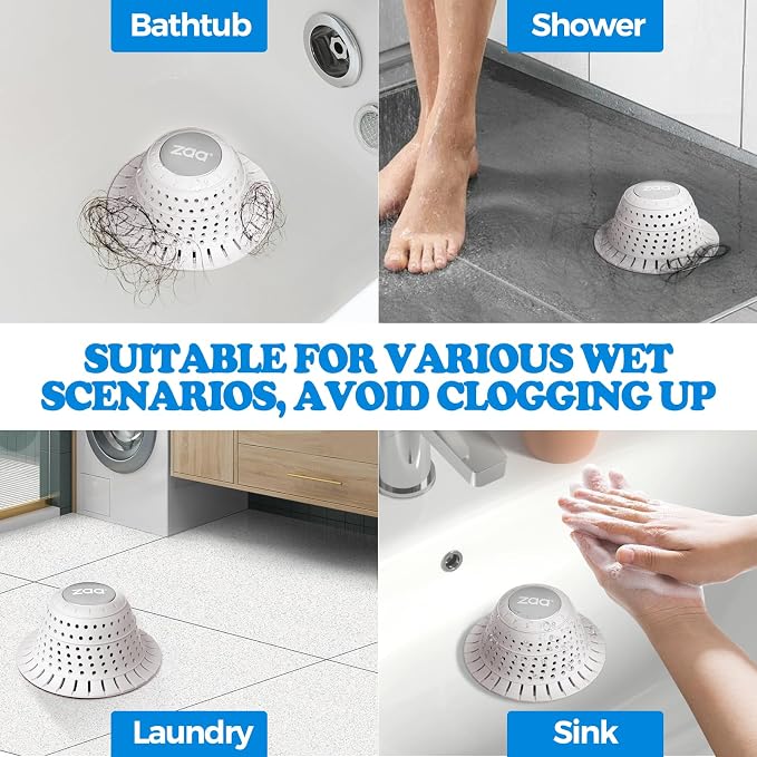 Shower Drain Hair Catcher Bathtub Drain Strainer Sink Drain Protector | Collapsible Pop-Up Drain Hair Catcher, Traps Hair & Prevents Clogs, Easy to Clean, Bathroom Fixture Accessories, White