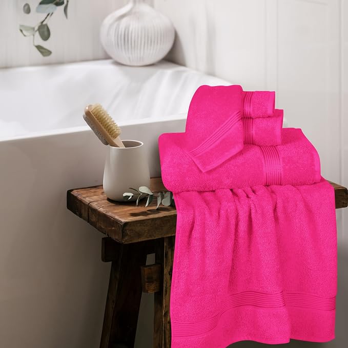 Ultra Soft 6 Pack Cotton Towel Set, Contains 2 Bath Towels 28x55 inch, 2 Hand Towels 16x24 inch & 2 Wash Coths 12x12 inch, Ideal Everyday use, Compact & Lightweight - Hot Pink