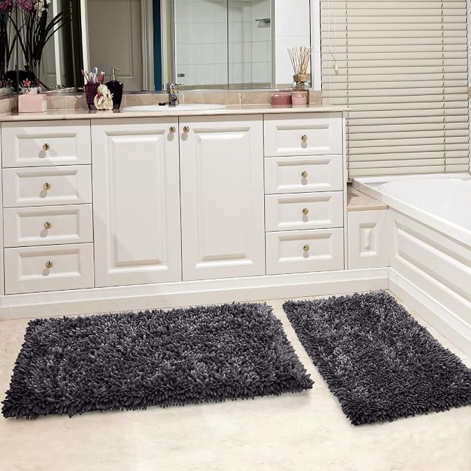 Yimobra Bathroom Rug Set 2 Piece, Luxury Shaggy Bath Mat Set with Non Slip Backing, Ultra Soft & Absorbent Mats for Bathroom Floor, Machine Washable, 44"x24"+24"x17", Dark Grey