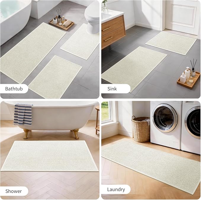 Beige Bathroom Rugs Sets 2 Piece, Quick Dry Thin Bath Mat with Toilet Rug, Non Slip Absorbent Machine Washable, Bath Rugs for Tub Sink Home Decor (17"x24" + 17.5"x24" U-Shaped)