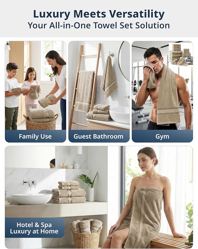 LANE LINEN Bathroom Towel Set 18 Piece Soft Absorbent Quick Dry - Taupe | Set Of Towels - Coordinated Colors, Everyday Durability, OEKO-TEX Certified, Zero-Twist Durability