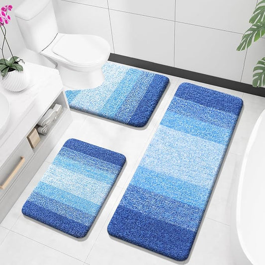 OLANLY Microfiber Bathroom Rugs Sets 3 Piece, 47"x20"+24"x16"+24"x20" | Light Royal Blue, Soft Absorbent Bath Mats and U-Shaped Contour Toilet Rug, Plush Shaggy Bath Mat Set for Bathroom