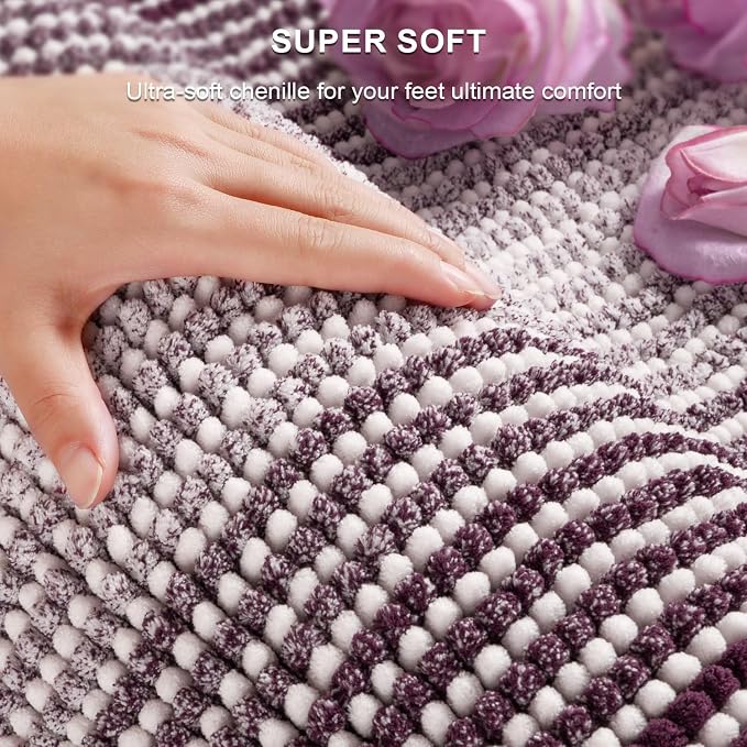 BSICPRO Bathroom Rugs Sets 2 Piece, Non Slip Striped Bath Mats, Mauve Wine | 20"x32" Plus 16"x24", Soft Absorbent Chenille, Quick Dry Machine Washable, Shower Rug for Bathroom Floor, Tub, Bedroom Decor