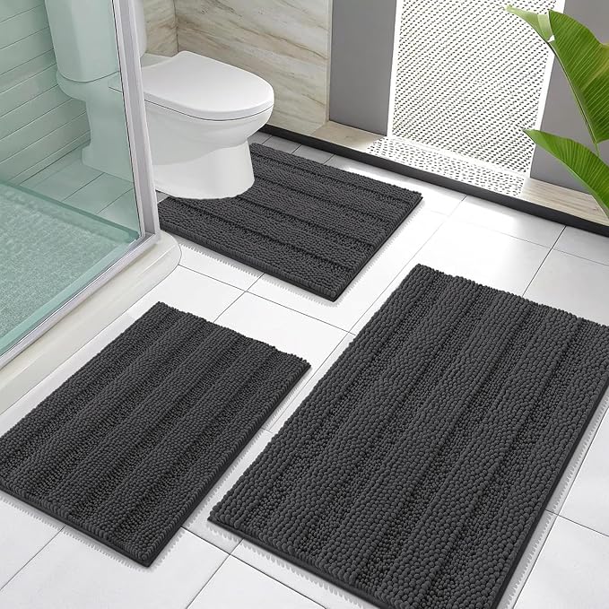 OLANLY Thick Chenille Bathroom Rugs Sets 3 Piece, 30"x20"+24"x16"+24"x20" | Dark Grey, Absorbent Bath Mats and U-Shaped Contour Toilet Rug, Home Decor Accessories, Bath Mat Set for Bathroom