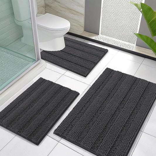 OLANLY Thick Chenille Bathroom Rugs Sets 3 Piece, 30"x20"+24"x16"+24"x20" | Dark Grey, Absorbent Bath Mats and U-Shaped Contour Toilet Rug, Home Decor Accessories, Bath Mat Set for Bathroom