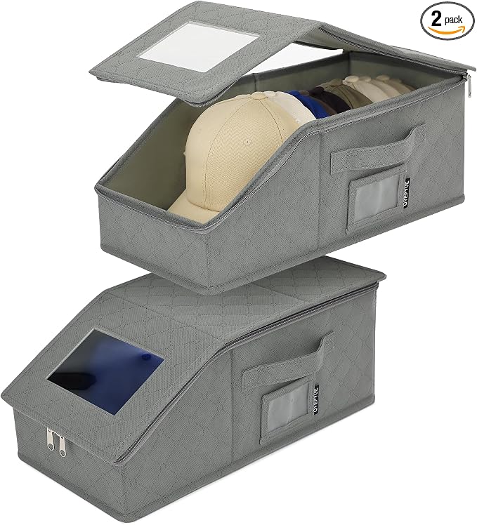 2 PCS Stackable Hat Storage for Baseball Caps, Large Hat Organizer with transparent window, Holds up to 30 Caps Hat Organizer (Gray)