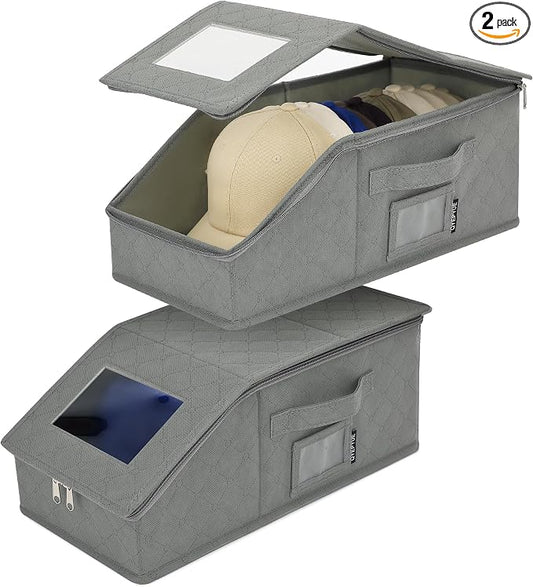 2 PCS Stackable Hat Storage for Baseball Caps, Large Hat Organizer with transparent window, Holds up to 30 Caps Hat Organizer (Gray)