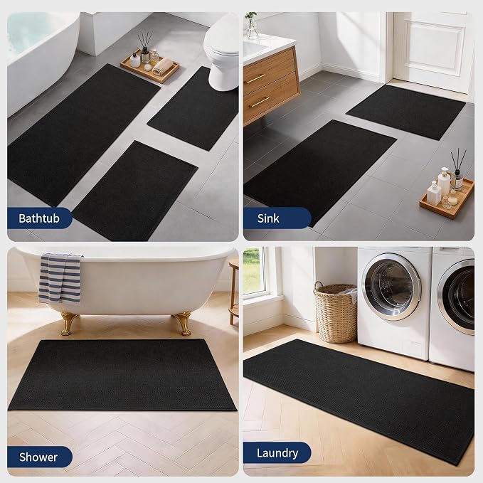 Black Bathroom Rugs Sets 2 Piece, Quick Dry Thin Bath Mat, Non Slip Absorbent Machine Washable, Bath Rugs for Bathtub Sink Home Decor (17"x24" + 17"x32")