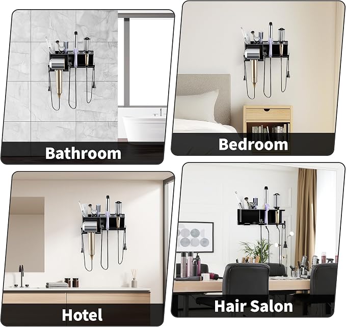 Hair Dryer Holder, Hair Tool Organizer Wall Mount, Adhesive or Drill, Black | Blow Dryer Holder for Dryer Hook, Straightener Curling Irons Hairdryer Hair Appliance Hanger for Salon Bathroom Wall Storage