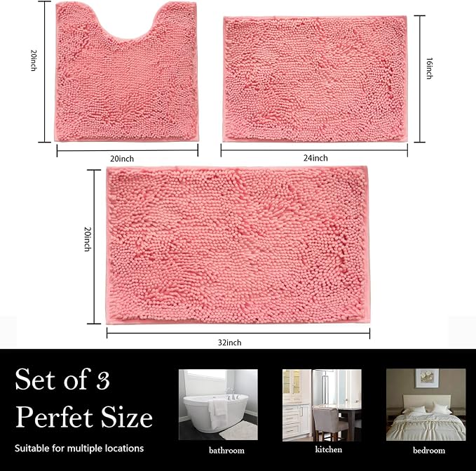 Valentine's Day Bathroom Rugs Chenille Bath mat 3 Piece Set, Super Absorbent, Strong PVC Non Slip, Bath mats for Bathroom, Plush Shaggy, Thick, Machine Washable, Bathtub, Shower, Toilet, Pink