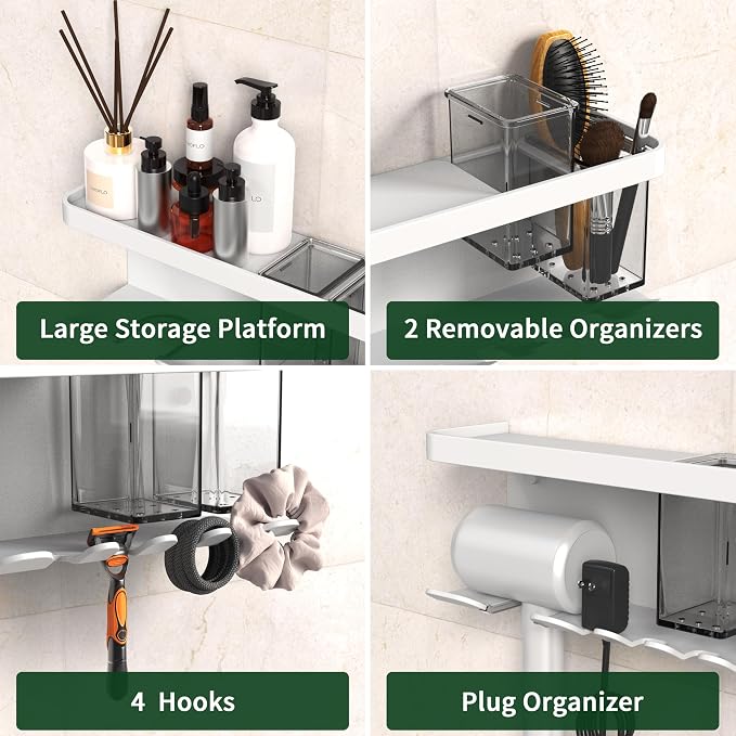 Hair Dryer Holder Wall Mounted Adhesive/Drilling, Hair Dryer Storage Organizer with Shelf & Hooks for Bathroom, Blow Dryer Holder, Hair Tool Organizer (White)