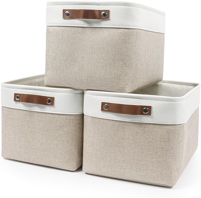 Bagnizer Storage Bins Large Fabric Storage Baskets for Shelves 3 Pack, Decorative Linen Closet Baskets with Handles for Organizing, Shelf, Clothes, Home, Office, 15x11x9.5Inches (Beige&White)