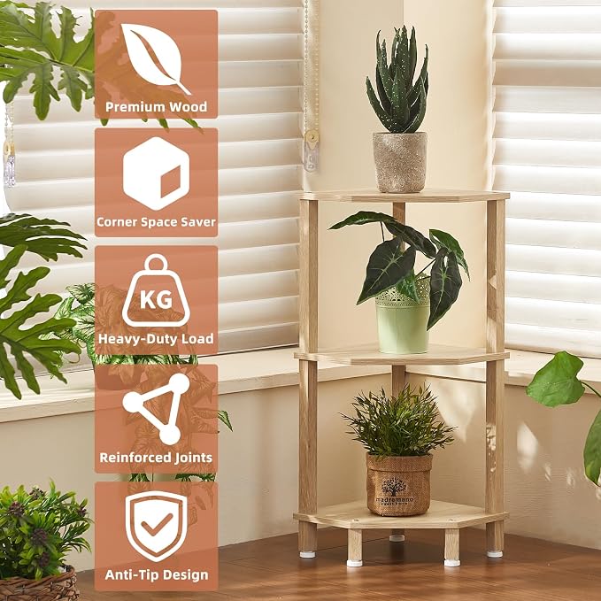 YUFAM 3-Tier Corner Shelf with Sturdy 5-Leg Base, Wooden Corner Bookshelf for Small Spaces, Small Corner Table for Living Room, Bedroom, Bathroom, Natural