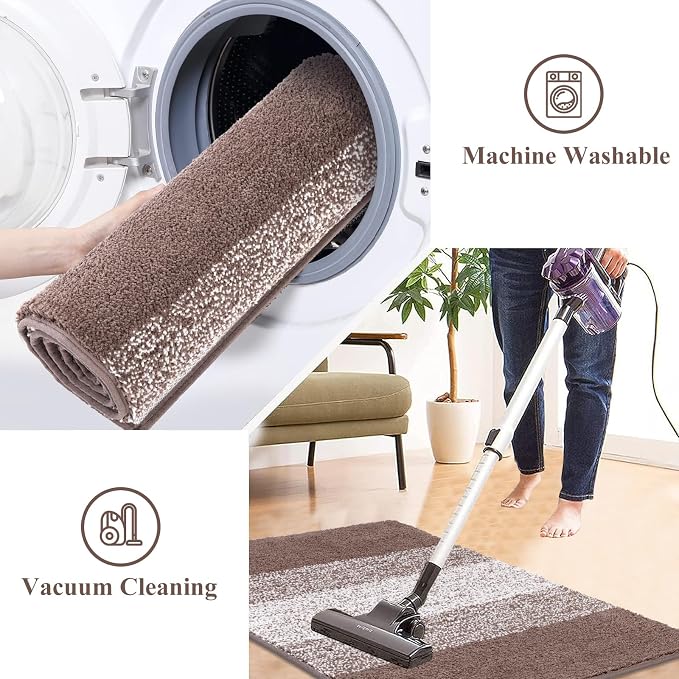 Vaukki Luxury Soft Bathroom Rugs Set of 2, Coffee Non Slip Bath Floor Mat | Microfiber Shaggy Plush Absorbent Striped Washable Bath Carpet for Tub, Bathroom and Shower, 18''x26''+20''x32''