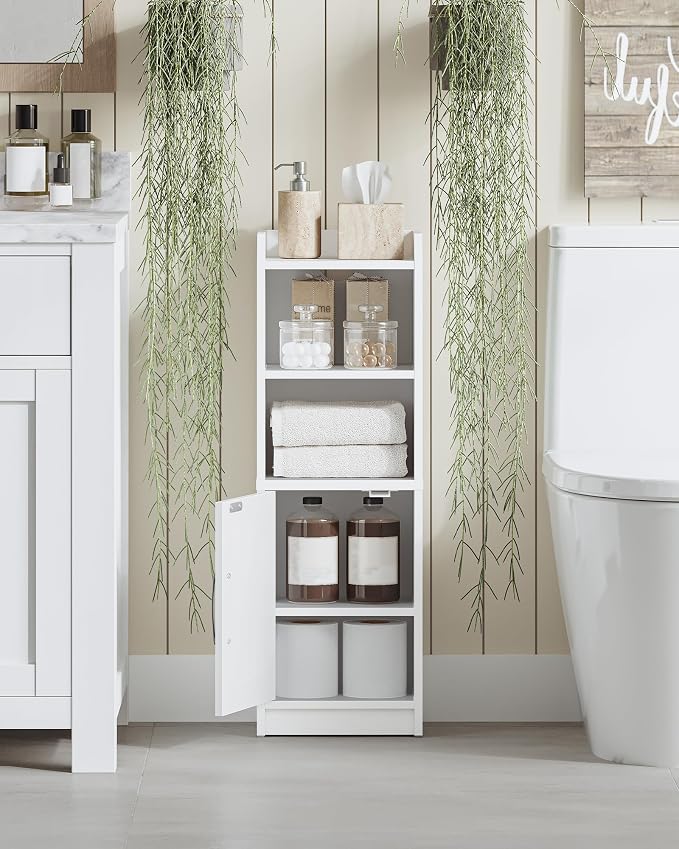 Hzuaneri Bathroom Storage Cabinet, Small Farmhouse Corner Floor Cabinet with Door and Shelves, Narrow Toilet Paper Holder Stand, Bathroom Organizer with Adjustable Shelf, for Small Spaces, White