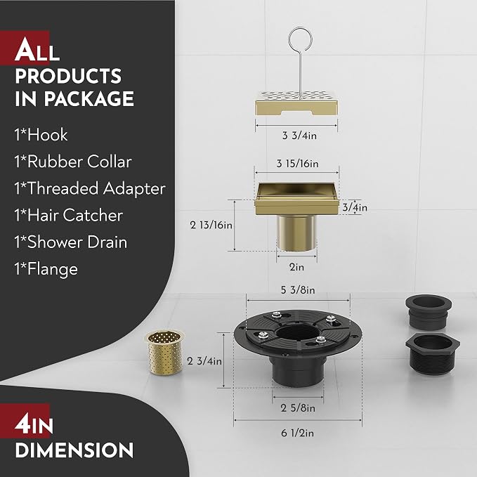 WEBANG 4 Inch Square Shower Drain Gold Floor Drain with Flange Wave-Hole Pattern Cover Grate Removable SUS304 Stainless Steel Watermark&CUPC Certified Brushed Gold