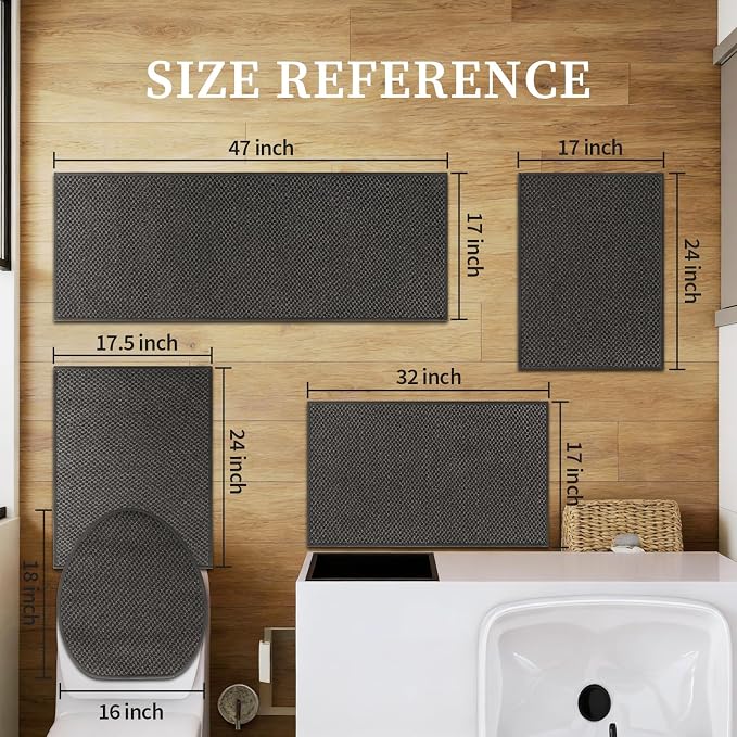 YIHOUSE Bathroom Rugs Sets 5 Piece Non Slip Washable, Absorbent Quick Dry Bath Mat Set with Toilet Mat, Weave Texture Low Profile Bath Rugs, Floor Mats for Bathroom, Tub & Shower, Dark Grey