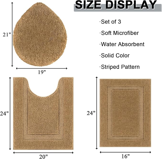 SHACOS Microfiber Bathroom Rugs Set of 3 with Toilet Lid Cover Non Slip | Washable Bath Mat Absorbent Bathroom Carpet 16"x24"+U Shape Toilet Rug 20"x24"+Toilet Lid Cover 19"x21", Mustard