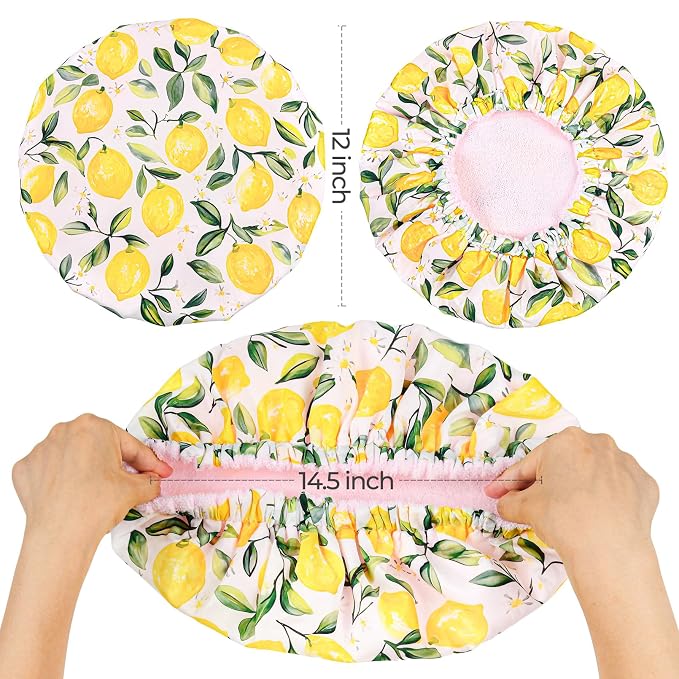 Shower Cap for Women Terry Lined Bath Cap Large Reusable Waterproof Elastic Lemon Shower Caps for Long Thick Hair Soft Bath Shower Hair Caps