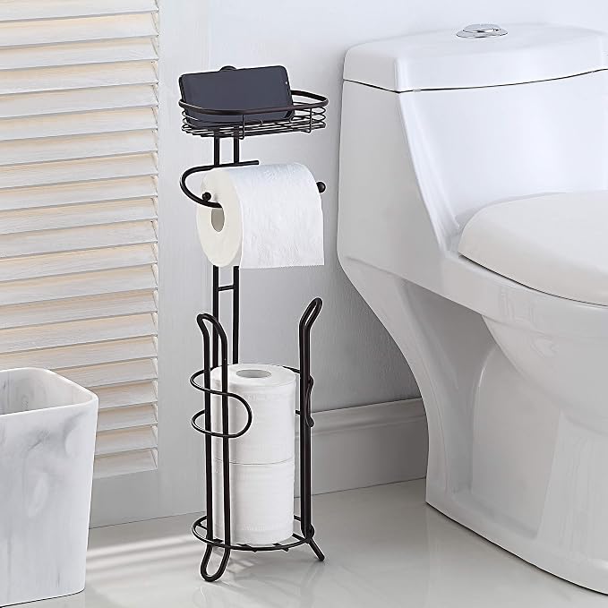 SunnyPoint Bathroom Heavyweight Toilet Tissue Paper Roll Storage Holder Stand with Reserve and Shelve, The Reserve Area Has Enough Space to Store Mega Rolls. (Bronze)