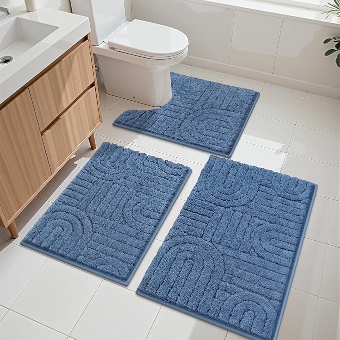 Vaukki Blue Bathroom Rugs Sets 3 Piece, 32x20+26x18+24x20 Inch | Washable Non Slip Soft Bath Mats for Shower and Tub, Plush Absorbent Microfiber Toilet Rug U Shaped