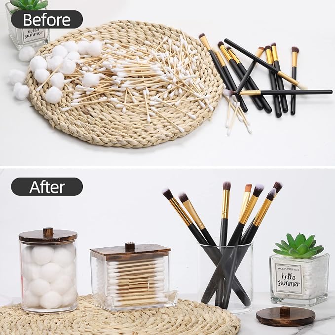 Tbestmax 3 Pack Qtips Holder Bathroom Container, 10 oz Cotton Ball/Swabs Dispenser, Apothecary Jar Organizer for Storage Brown Wood Lids