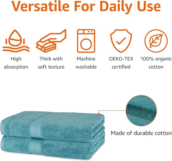 Amazon Basics Fade-Resistant 100% Cotton Bath Towel, 30"x54", Teal Green, 2-Pack